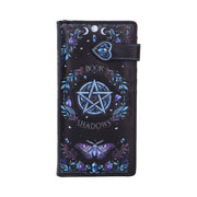 purse with gothic occult design, featuring a central pentagram, the words 'BOOK OF SHADOWS', a purple butterfly, crystals, and floral patterns, with a heart-shaped snap closure on the right side.
