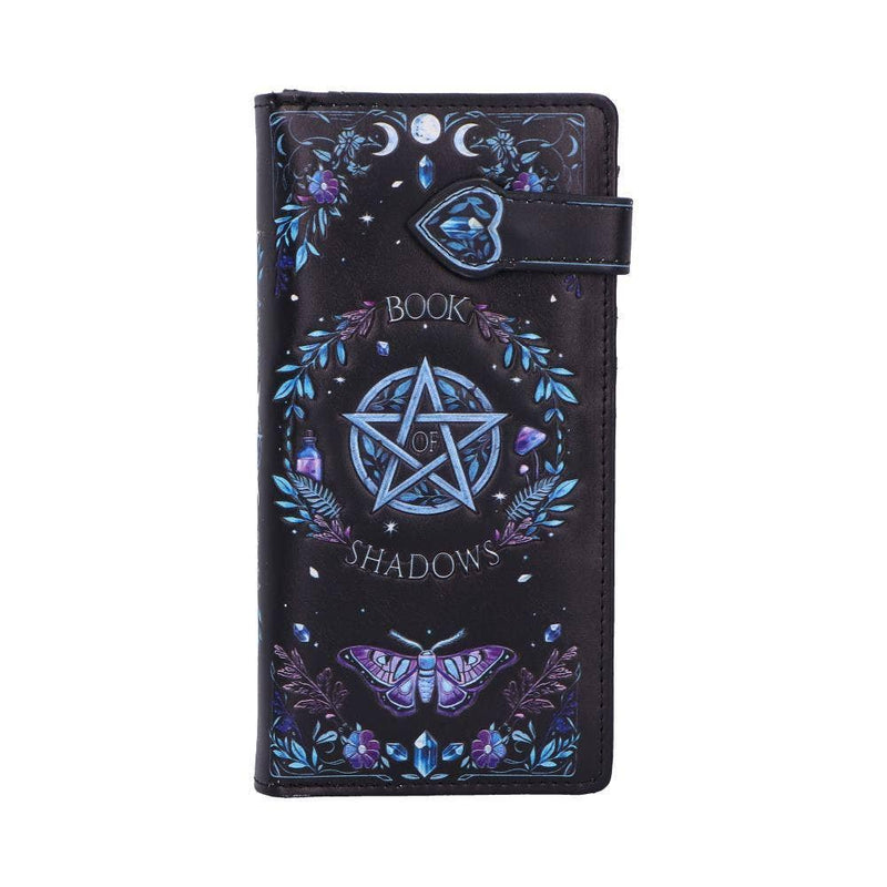 purse with gothic occult design, featuring a central pentagram, the words 'BOOK OF SHADOWS', a purple butterfly, crystals, and floral patterns, with a heart-shaped snap closure on the right side.