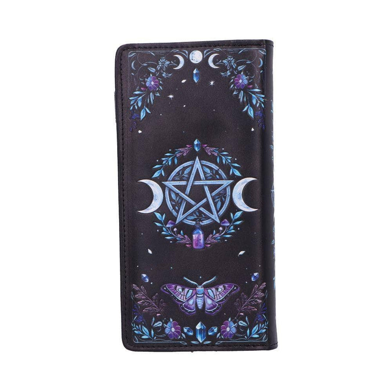 Black wallet with blue and purple designs featuring a pentagram and celestial elements on a white background.