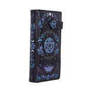 purse with celestial design featuring stars, moons, and butterflies on a white background