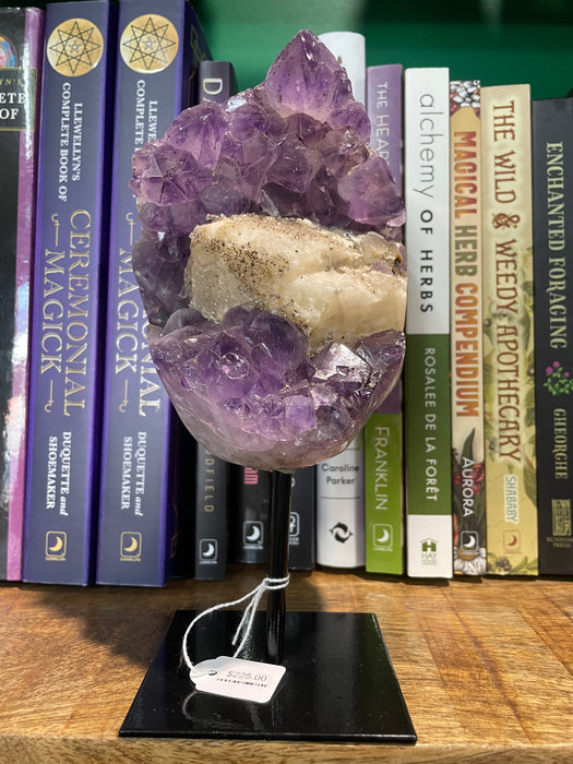 Amethyst Cluster with Calcite on Metal Stand