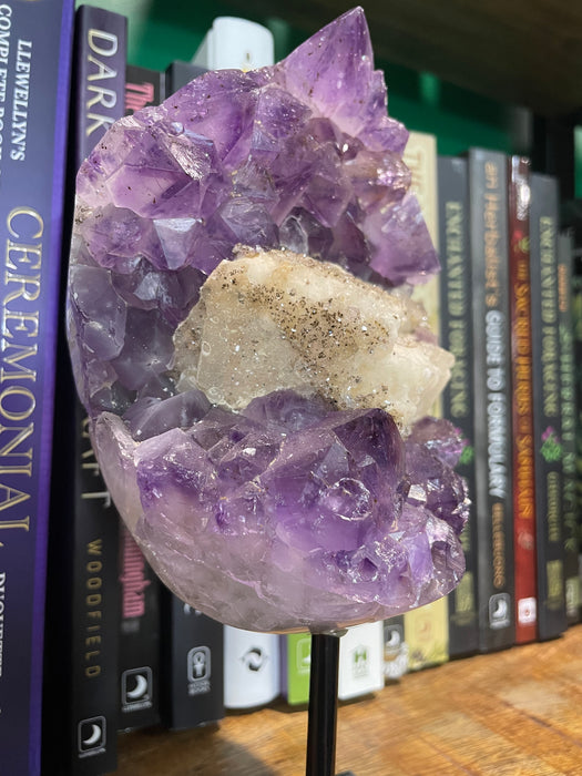 Amethyst Cluster with Calcite on Metal Stand