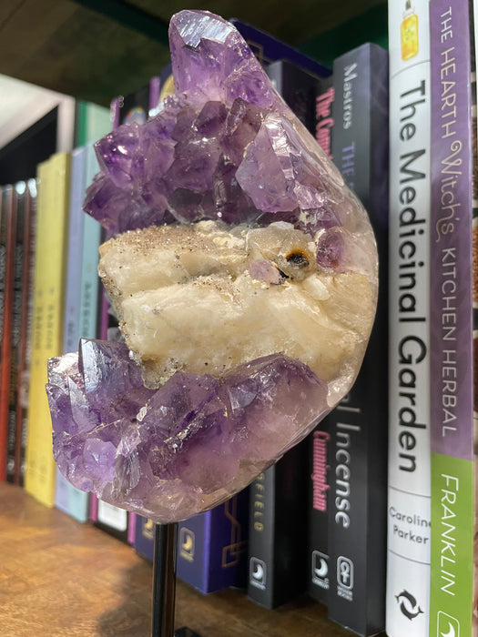 Amethyst Cluster with Calcite on Metal Stand