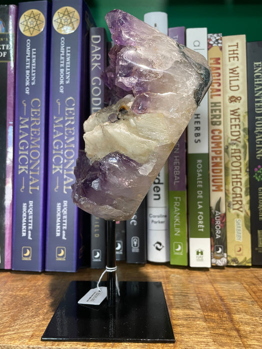 Amethyst Cluster with Calcite on Metal Stand