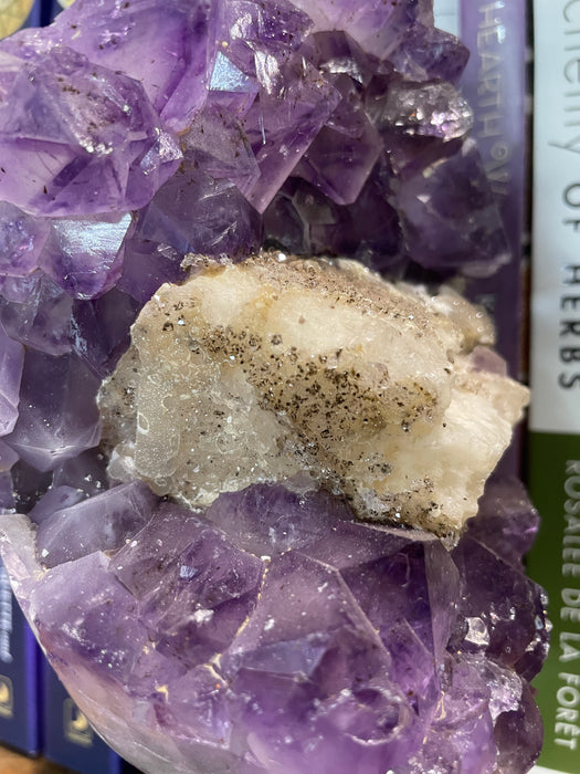 Amethyst Cluster with Calcite on Metal Stand