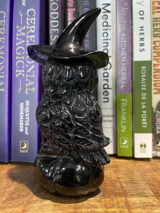 Black Obsidian & Labradorite~ Owl with Witches Hat on Pumpkin