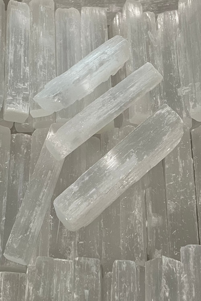 Close-up of satin spar crystal rods 