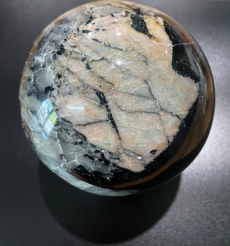 Tourmaline in Quartz with Peach Moonstone Sphere ≈2.223 KG