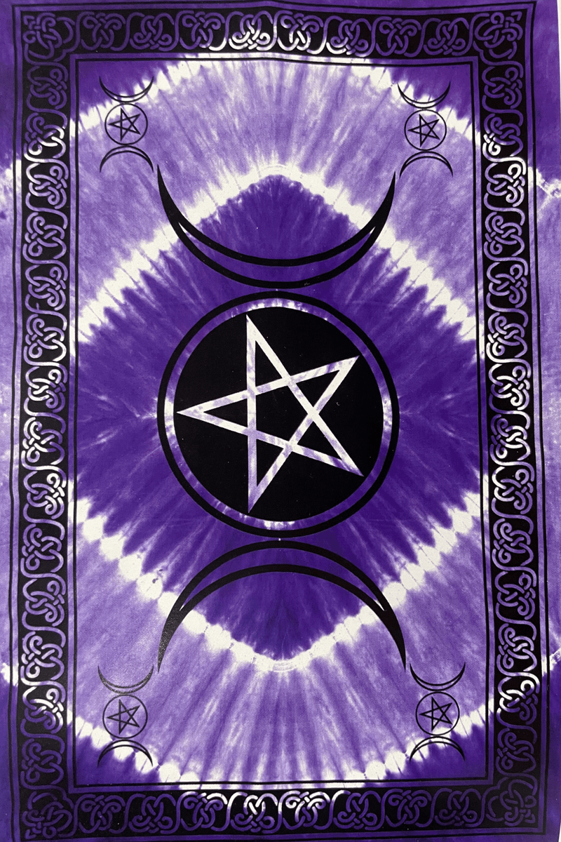 Altar Cloth: Purple Tie - Dye Triple Moon & Pentacle 140 x 200 cm - Dusty Rose Essentials
