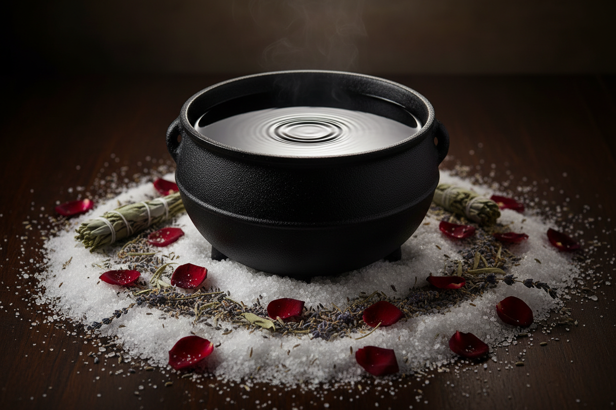 black cauldron sitting in salt and herbs with rippled water inside