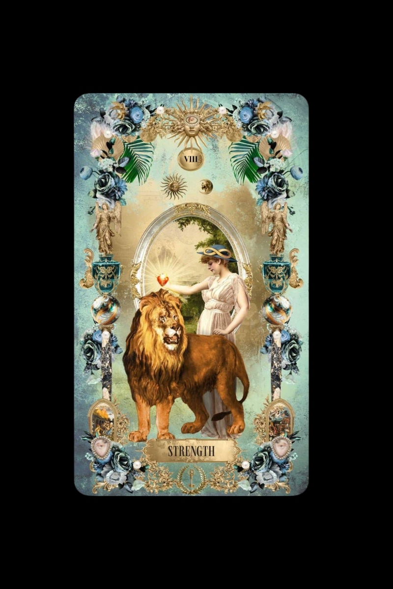 Decorative tarot card card featuring a lion and a woman, with intricate designs and the text 'strength' on a black background.