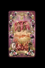 Tarot card titled 'Judgment' with angelic figures and floral decorations on a dark background