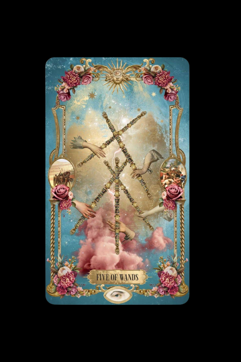 Tarot card featuring 'Five of Wands' with decorative elements and flowers on a blue background.