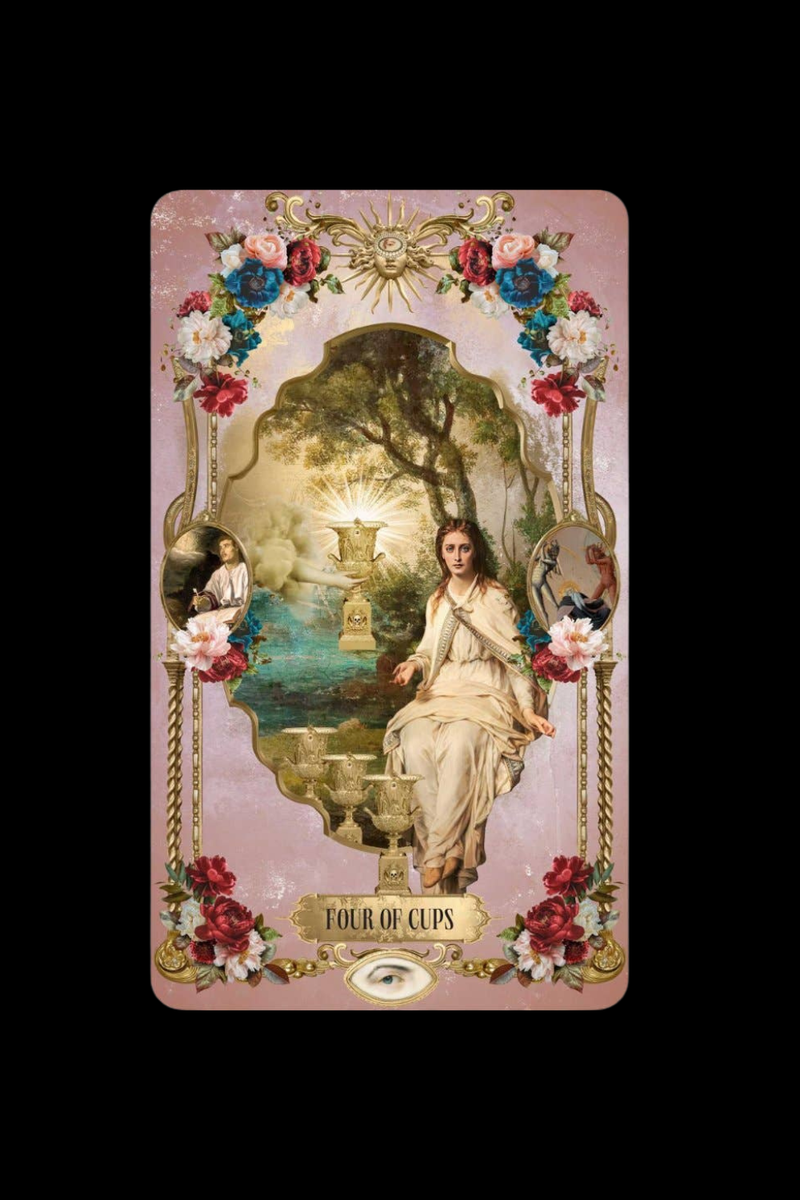 Card from a tarot deck with a woman sitting in a garden, surrounded by flowers and decorative elements.