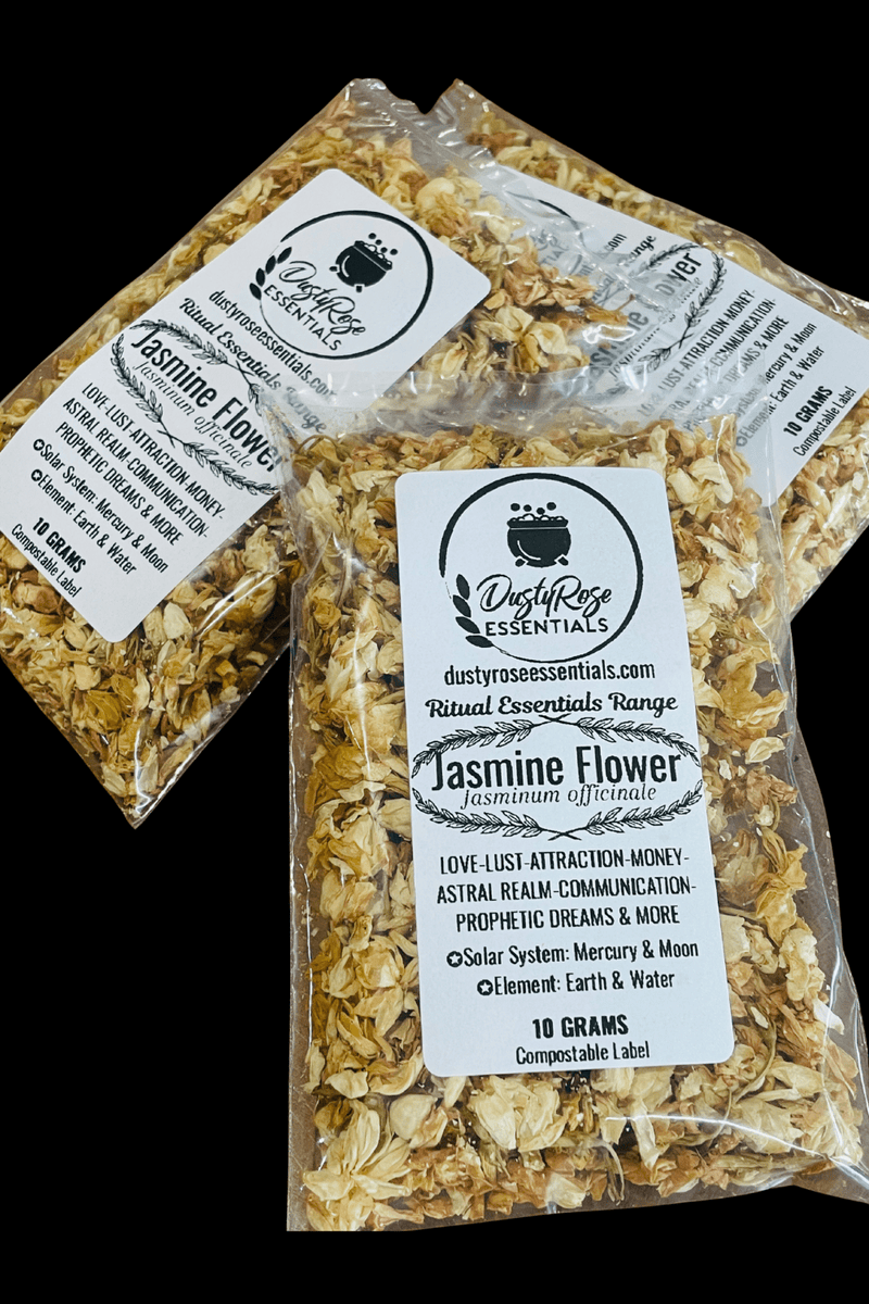 DRE Ritual Essentials Range: Jasmine Flowers 10 grams - plain compostable label - Dusty Rose Essentials