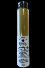 15G GLASS JAR OF LEMONGRASS POWDER ON A BLACK BACKGROUND 